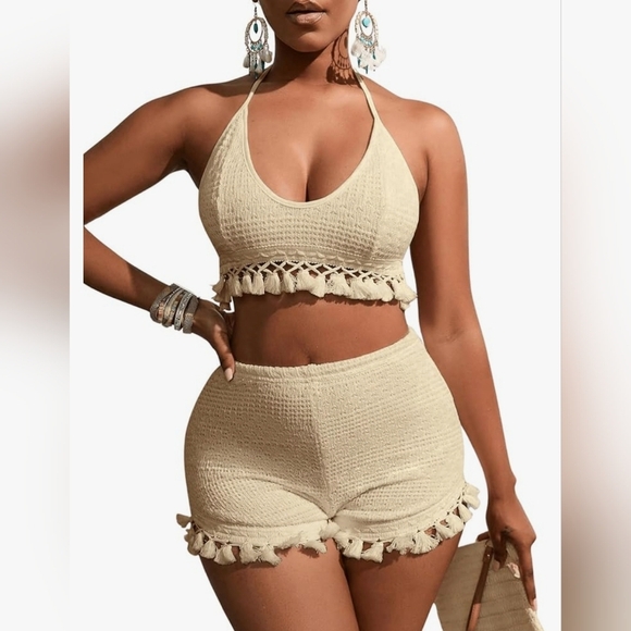 SHEIN Pants - Women's 2 Piece Outfits Tassel Trim Backless Halter Crop Top and Elastic Waist